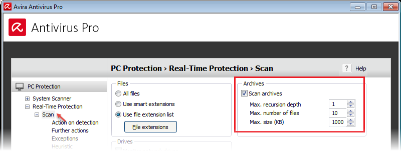 Antivirus Pro - configuration - real time protection - archives